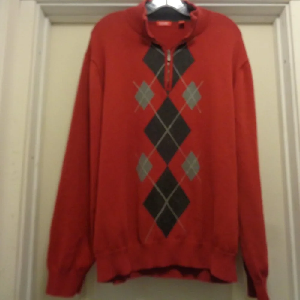 PREPPY VINTAGE MALE IZOD RED ARGYILLE ZIP NECK SWEATER X L T